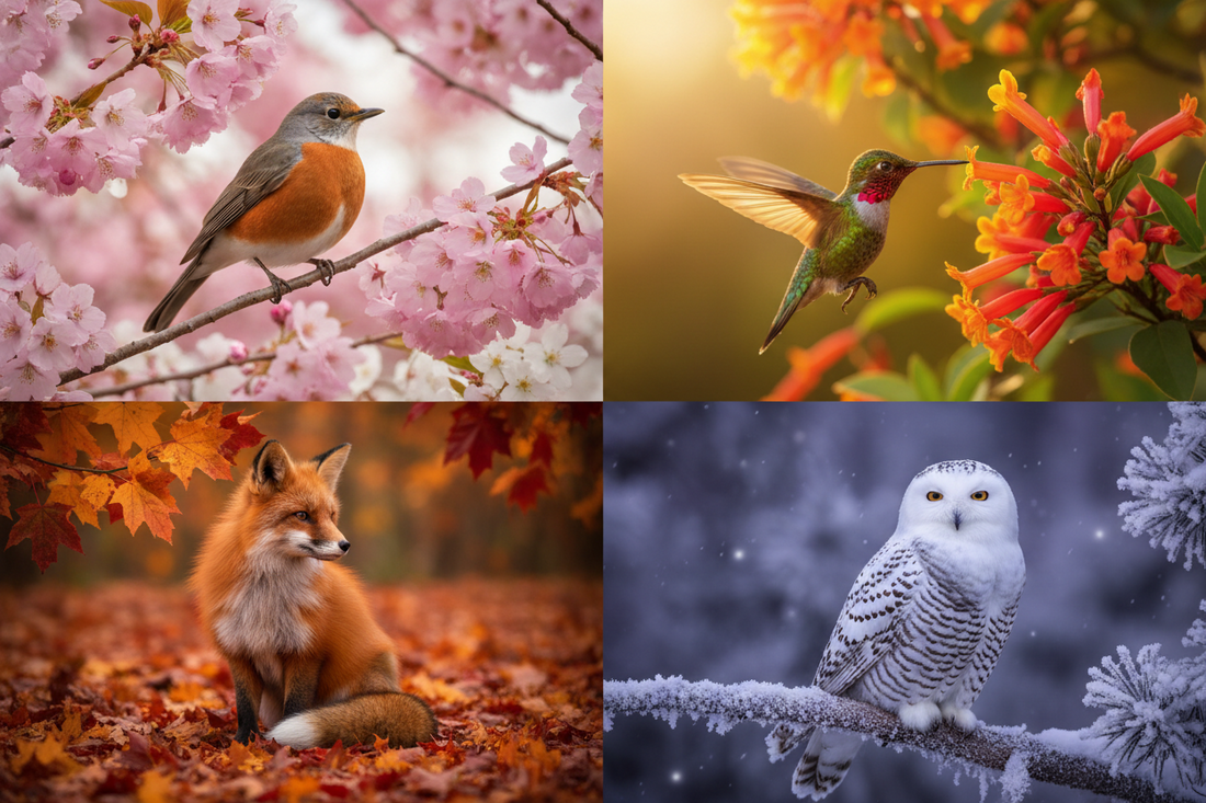 Four seasons of nature — spring robin in cherry blossoms, summer hummingbird in golden light, autumn fox in maple leaves, winter owl in twilight — inspiring Ruby Acorn handmade jewelry