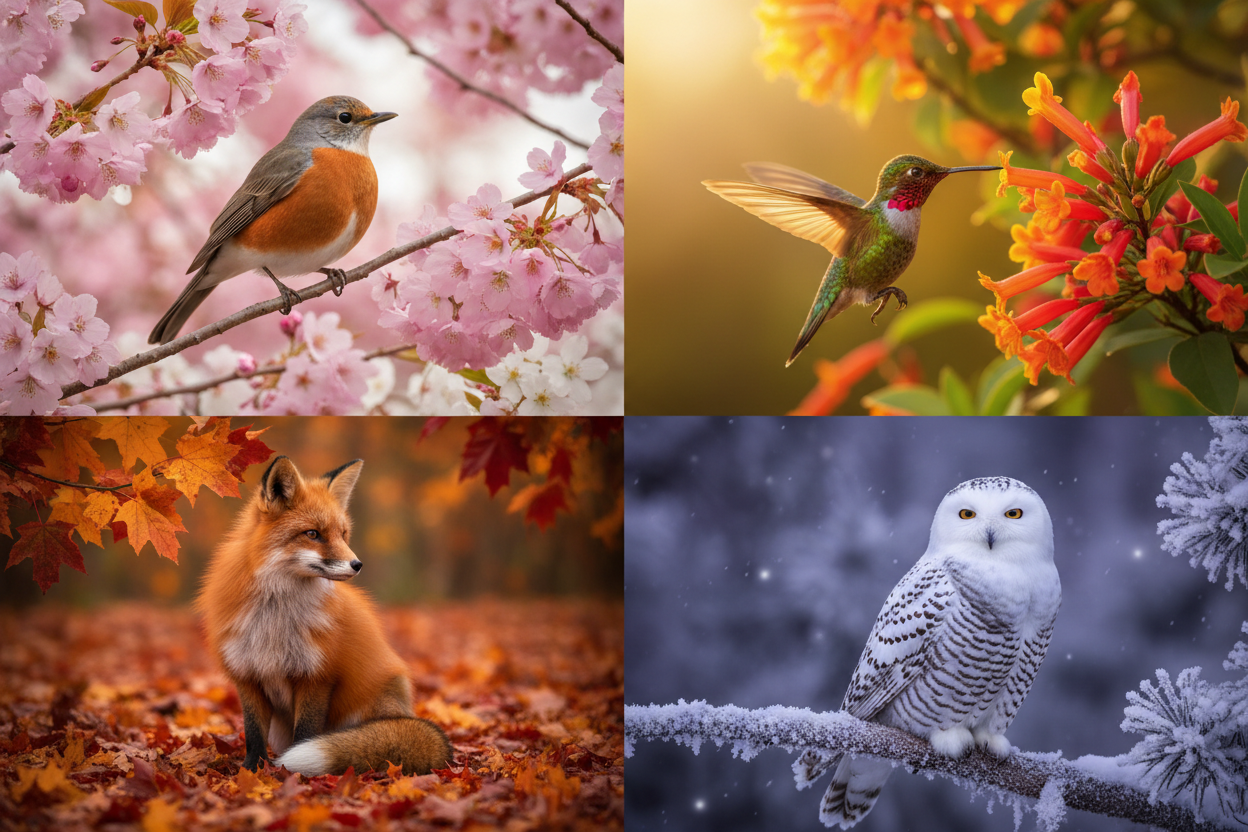 Four seasons of nature — spring robin in cherry blossoms, summer hummingbird in golden light, autumn fox in maple leaves, winter owl in twilight — inspiring Ruby Acorn handmade jewelry