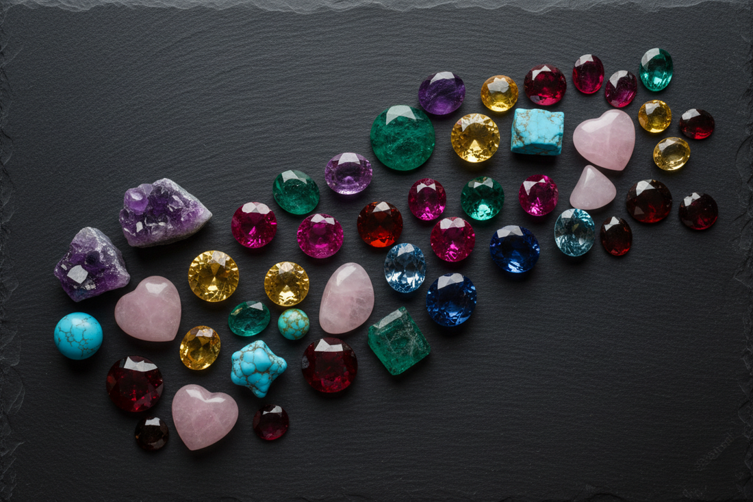 An assortment of colorful gemstones on a dark slate background - Ruby Acorn Blog