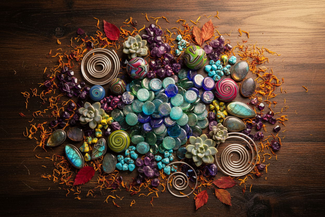An assortment of vibrant colorful beads and natural elements like flower petals, succulents and leaves on a wooden tabletop - Ruby Acorn Blog The Story Behind Handmade Jewelry
