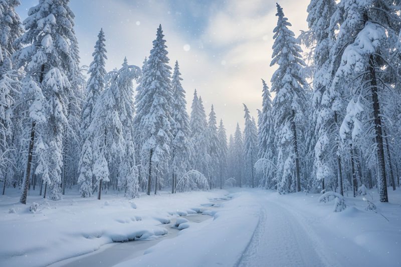 Towering pine trees covered in snow on a snowy forest path at twilight - Winter Inspired Collection by Ruby Acorn