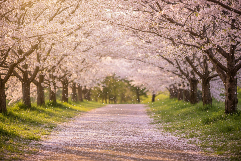 Pink spring blossoms adorn trees in a grassy nature path - Spring Inspiration Collection for Ruby Acorn