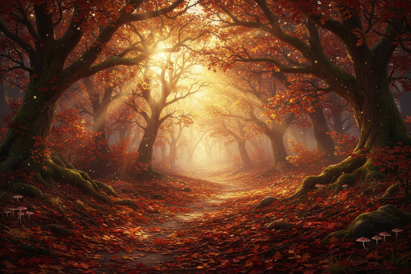 Golden sunlight pours through a canopy of trees with gorgeous orange foliage on this forest path - Autumn Inspired Collection by Ruby Acorn