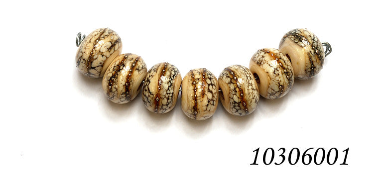 Dark ivory and silver handmade lampwork rondelle beads by Grace Ma, set of seven, 9mm x 14mm, available in Maker's Corner at Ruby Acorn