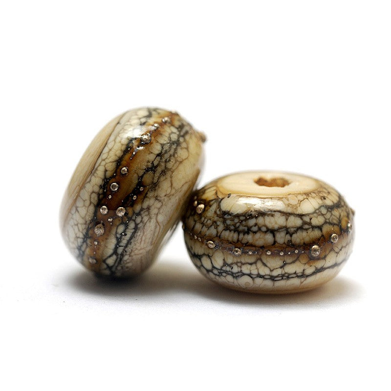 Dark ivory and silver handmade lampwork rondelle beads by Grace Ma, set of seven, 9mm x 14mm, available in Maker's Corner at Ruby Acorn