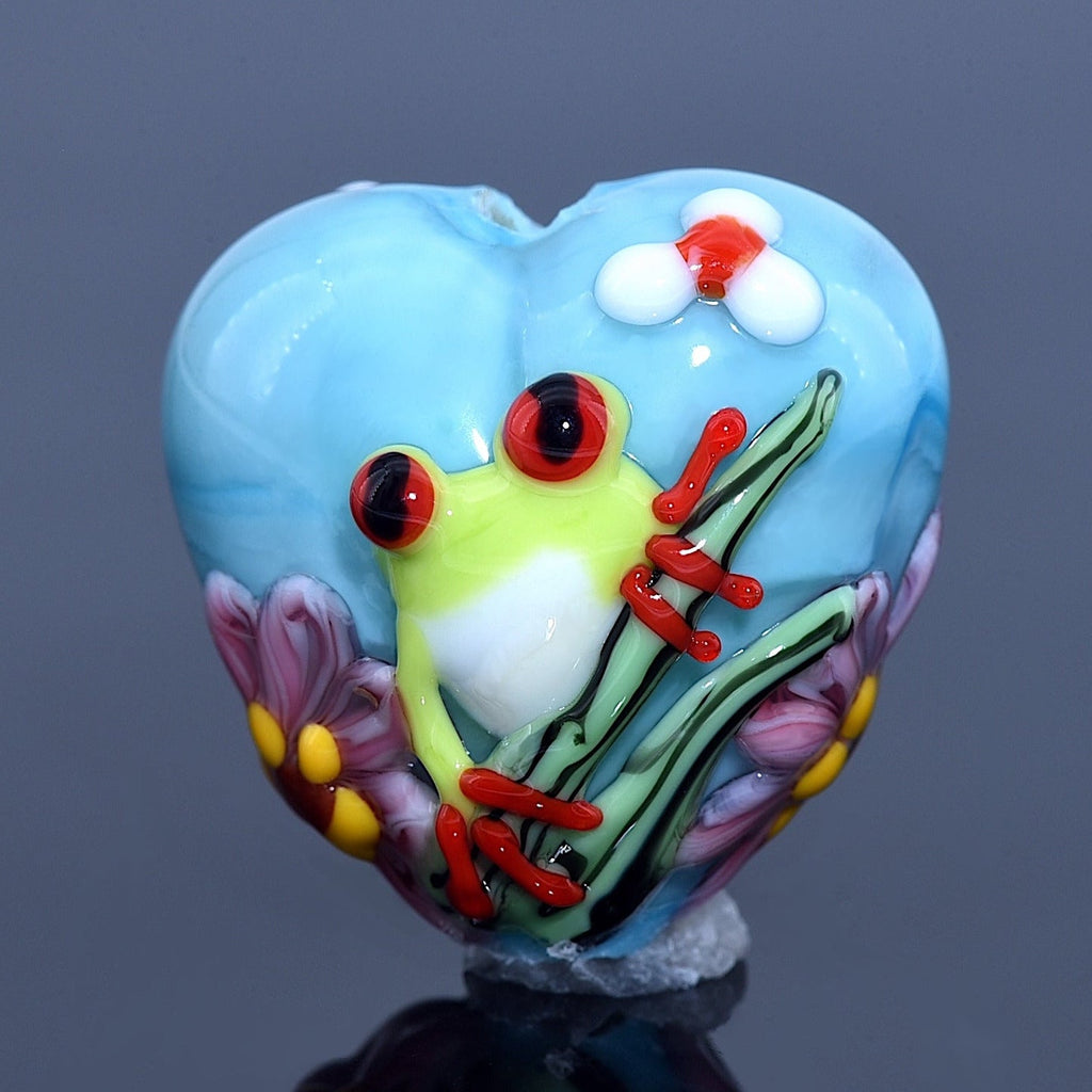 Happy Frog Heart Bead | Artisan Lampwork Beads | Ruby Acorn