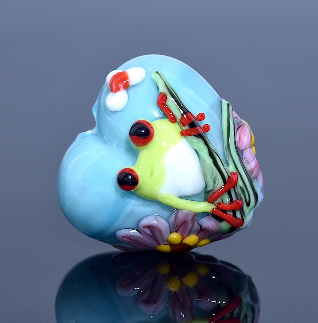 Happy Frog Heart Bead | Artisan Lampwork Beads | Ruby Acorn