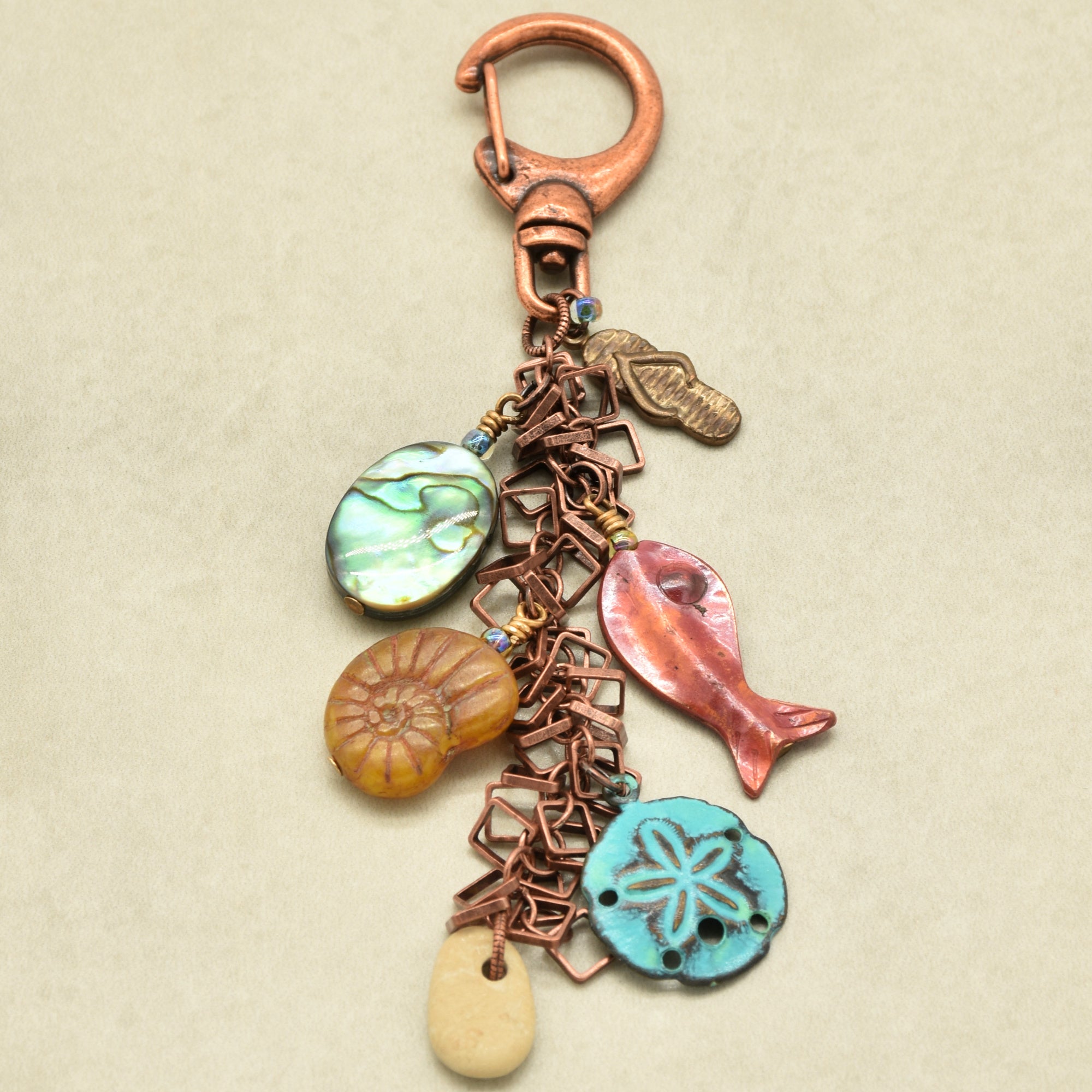 A Day at the Beach Handbag Charm - Handmade with Abalone, Copper & Czech Glass | Handmade Jewelry | Ruby Acorn