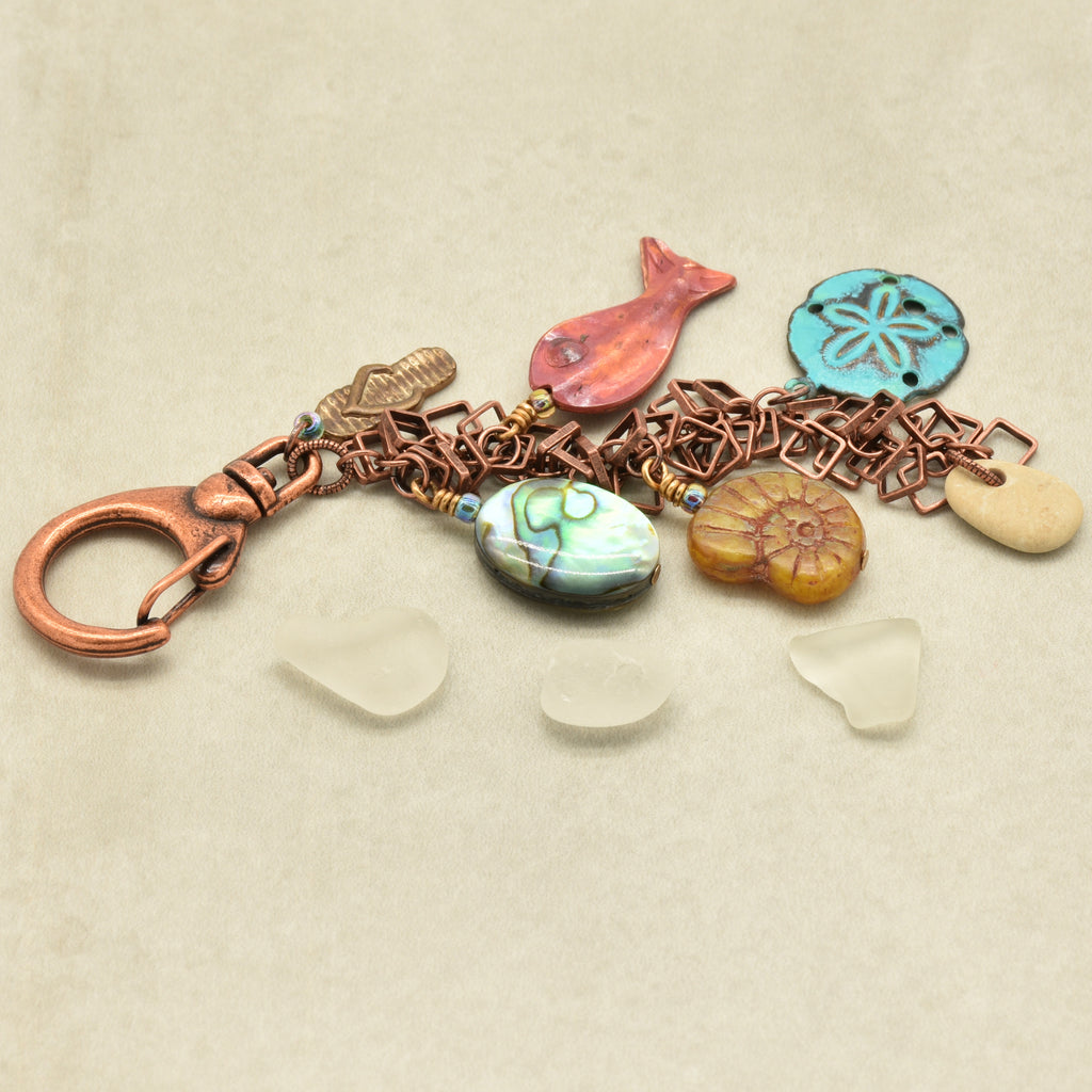 A Day at the Beach Handbag Charm - Handmade with Abalone, Copper & Czech Glass | Handmade Jewelry | Ruby Acorn