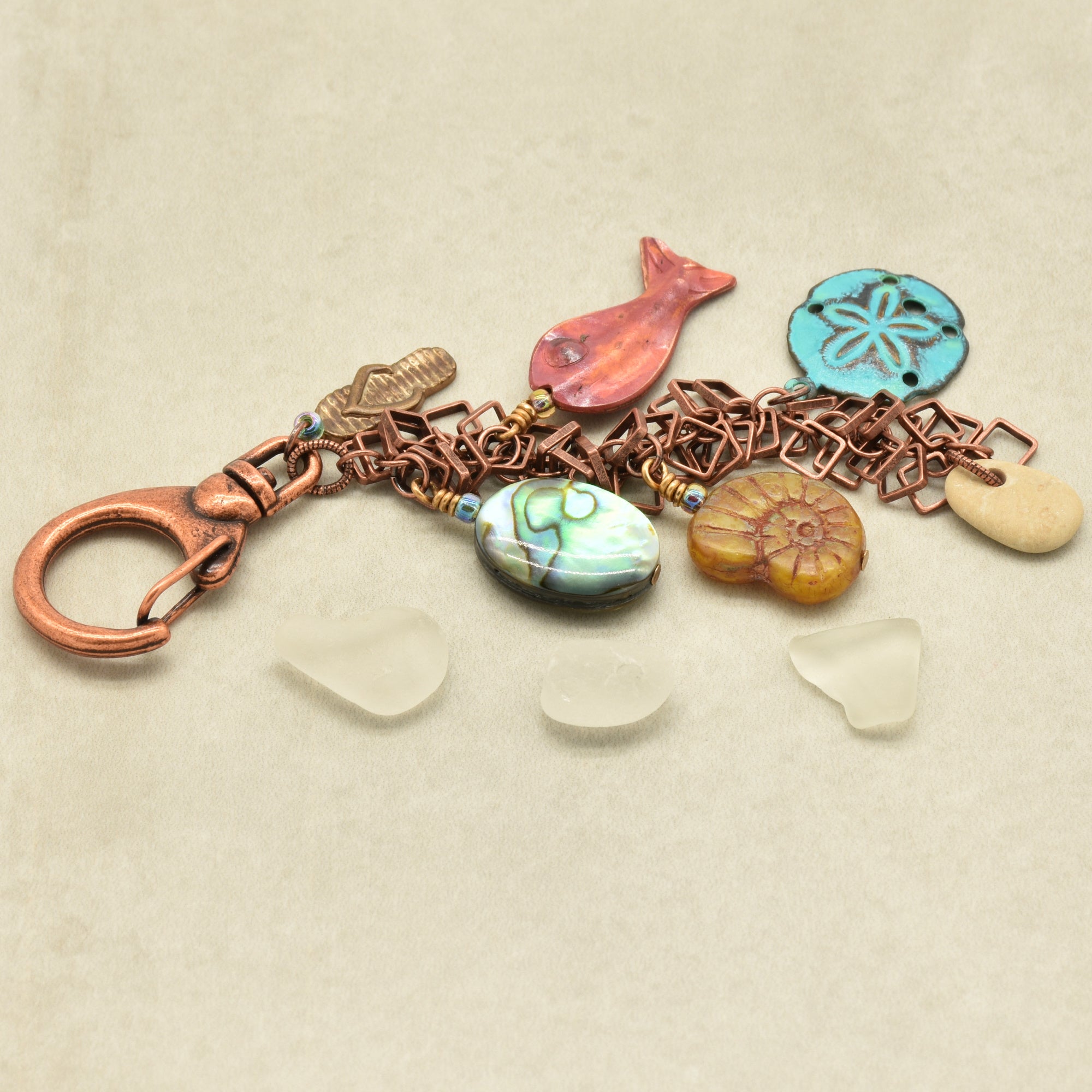 A Day at the Beach Handbag Charm - Handmade with Abalone, Copper & Czech Glass | Handmade Jewelry | Ruby Acorn