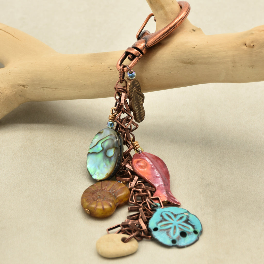 A Day at the Beach Handbag Charm - Handmade with Abalone, Copper & Czech Glass | Handmade Jewelry | Ruby Acorn