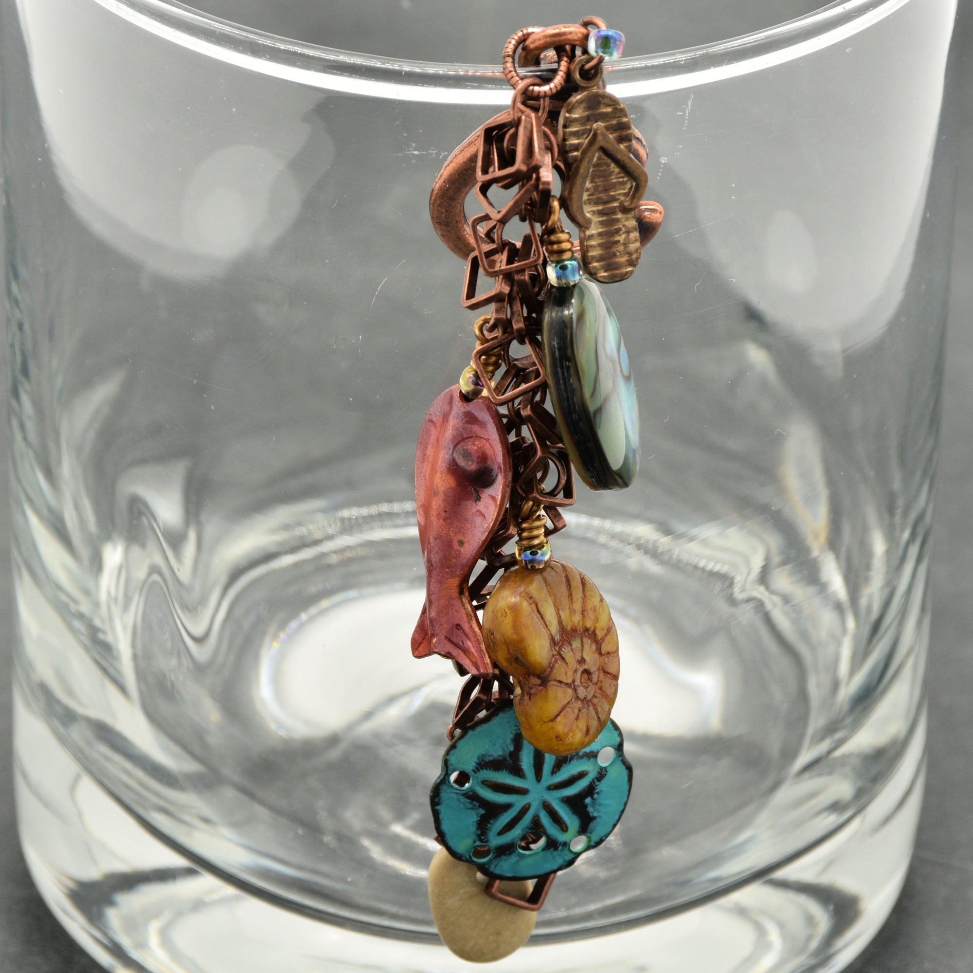 A Day at the Beach Handbag Charm - Handmade with Abalone, Copper & Czech Glass | Handmade Jewelry | Ruby Acorn