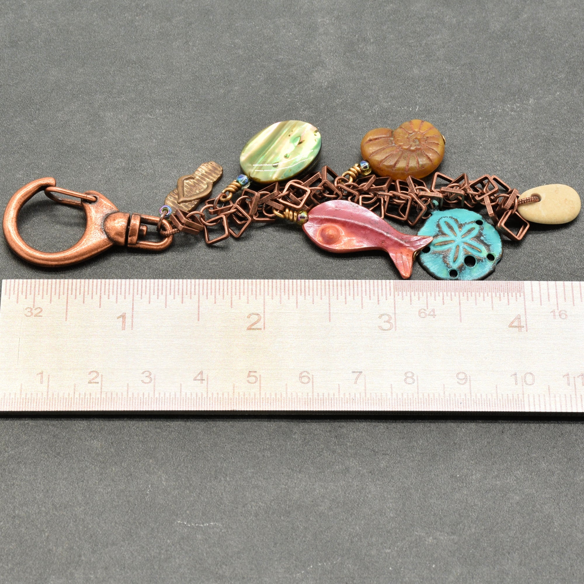 A Day at the Beach Handbag Charm - Handmade with Abalone, Copper & Czech Glass | Handmade Jewelry | Ruby Acorn