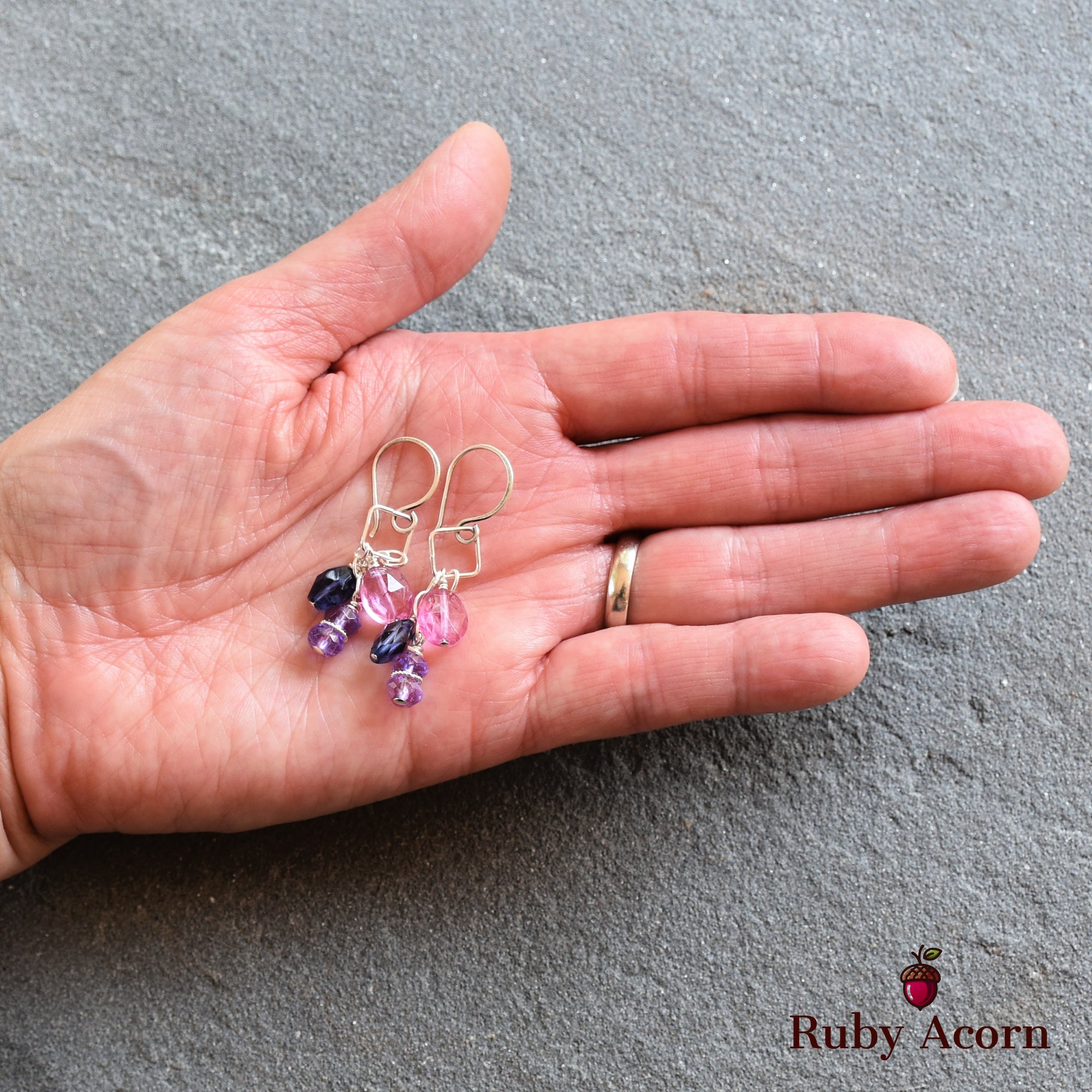Encantada Pink Quartz, Iolite and Amethyst Sterling Silver Handmade Dangle Earrings