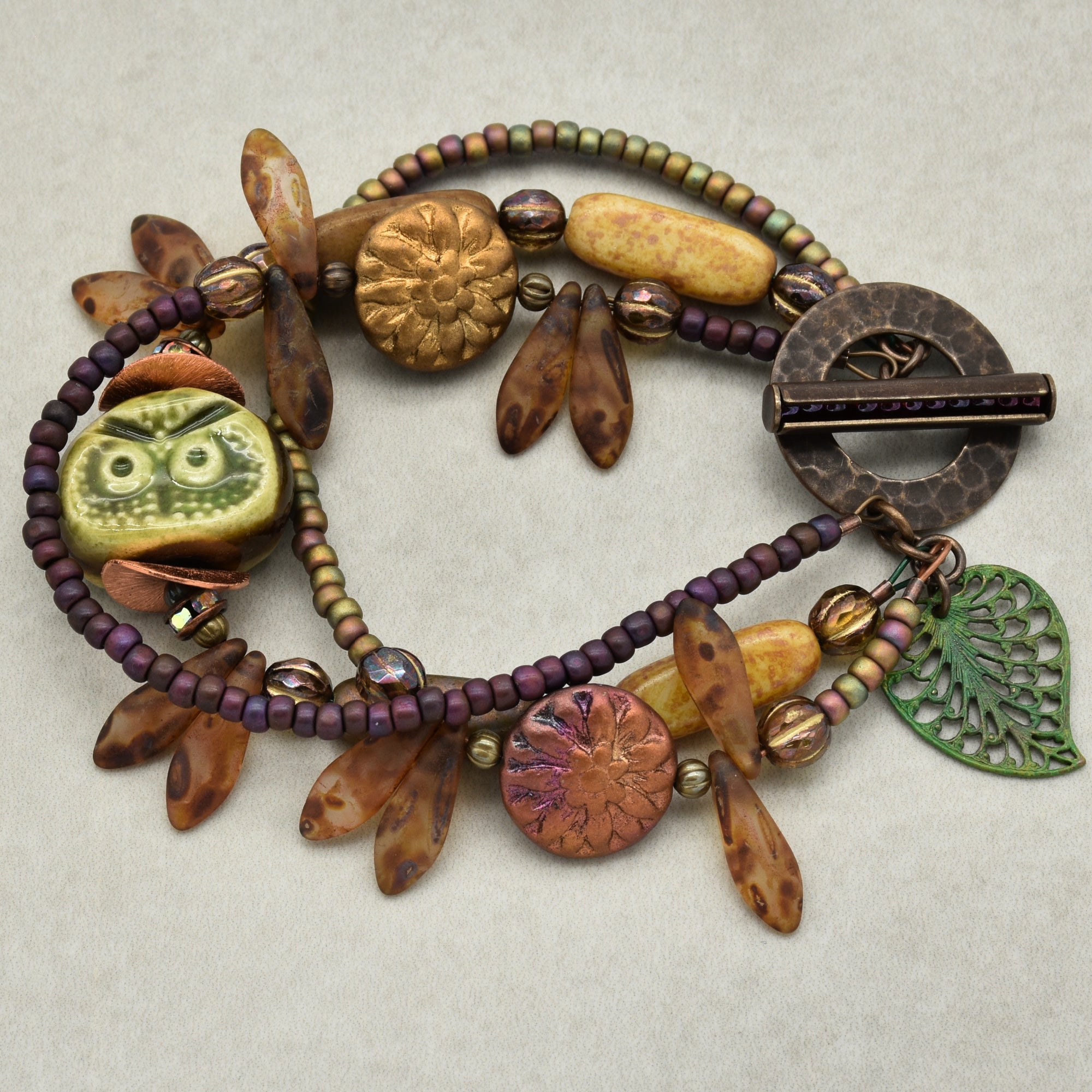 Nature Theme Handmade Beaded Bracelet - Artisan Ceramic Owl and Czech Glass