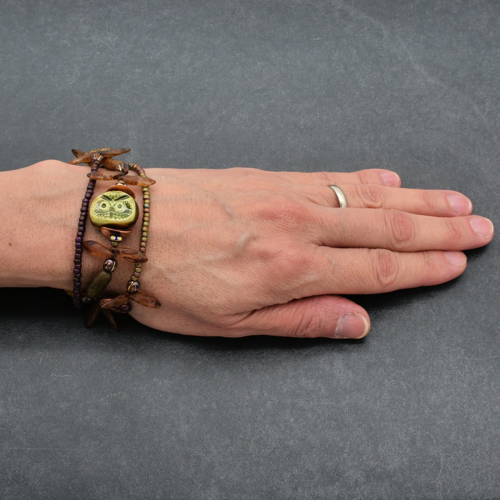 Nature Theme Handmade Beaded Bracelet - Artisan Ceramic Owl and Czech Glass