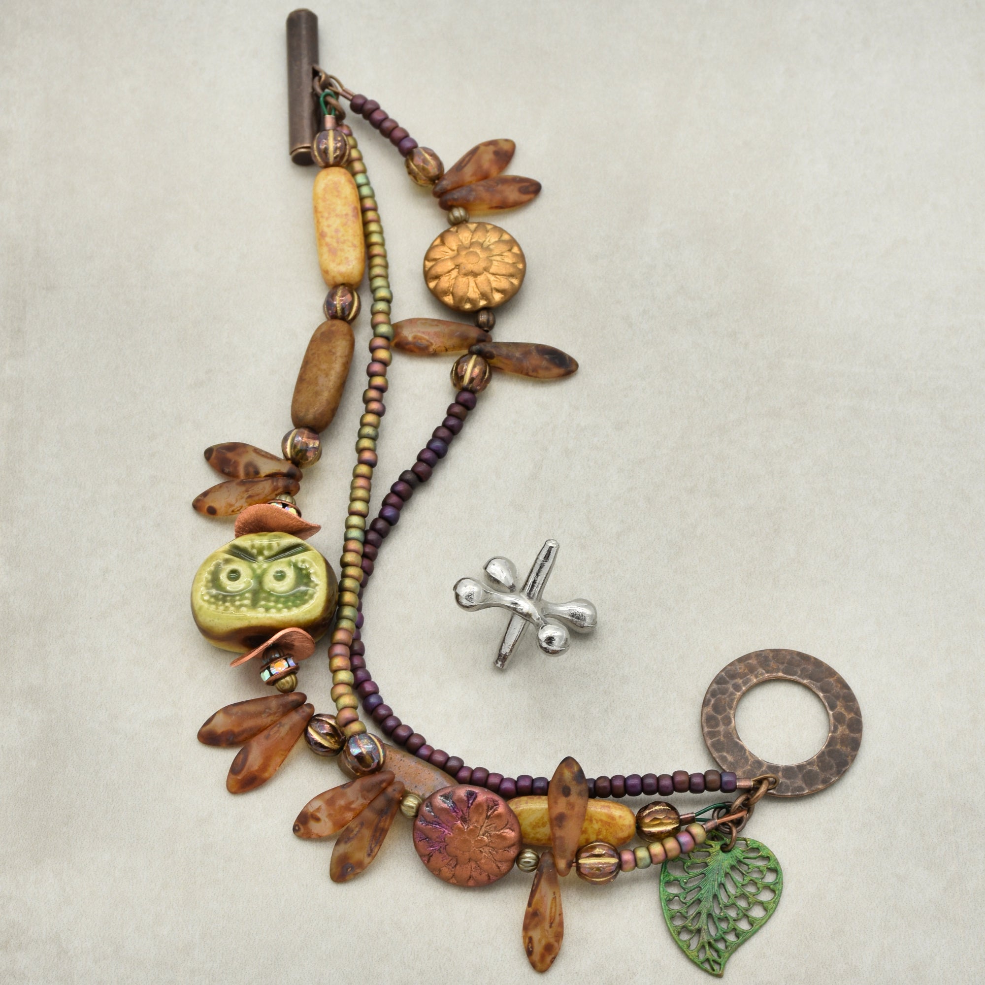 Nature Theme Handmade Beaded Bracelet - Artisan Ceramic Owl and Czech Glass