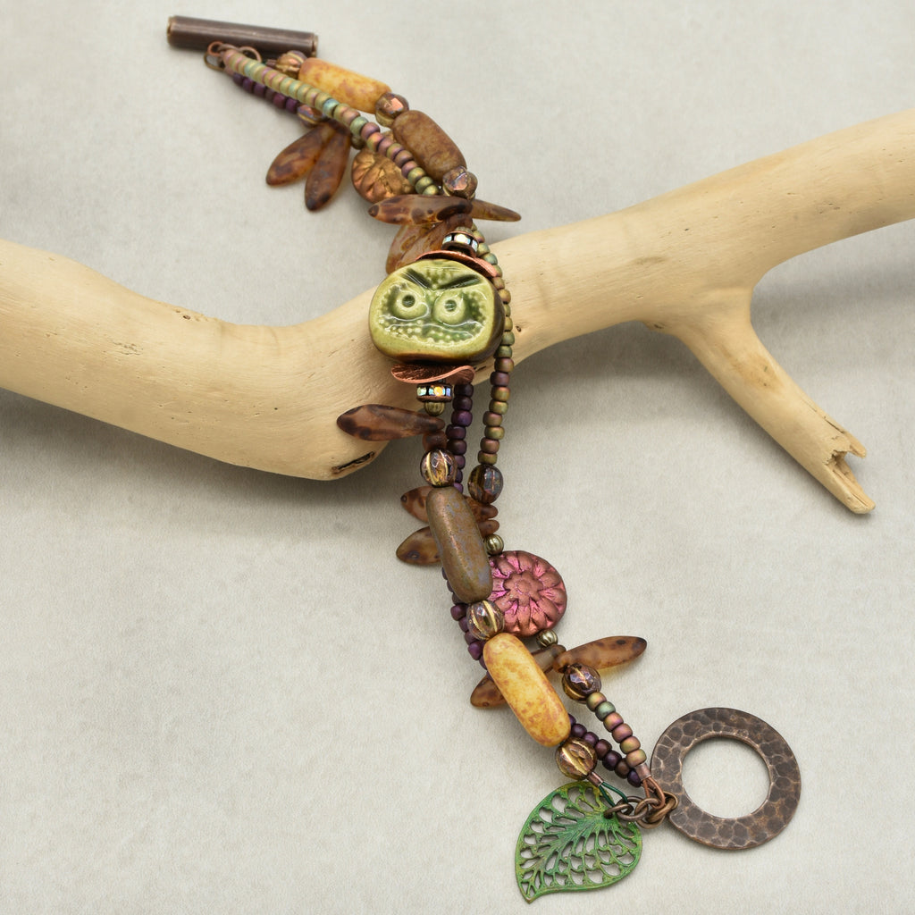 Nature Theme Handmade Beaded Bracelet - Artisan Ceramic Owl and Czech Glass