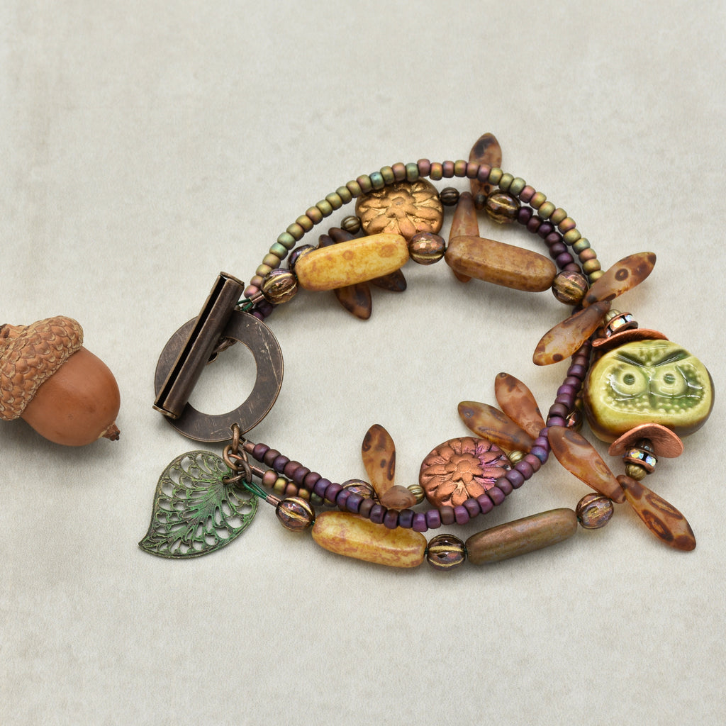 Nature Theme Handmade Beaded Bracelet - Artisan Ceramic Owl and Czech Glass