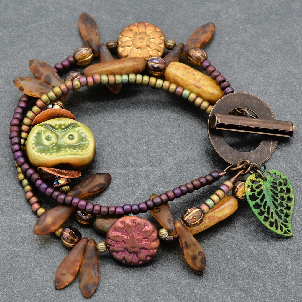 Nature Theme Handmade Beaded Bracelet - Artisan Ceramic Owl and Czech Glass