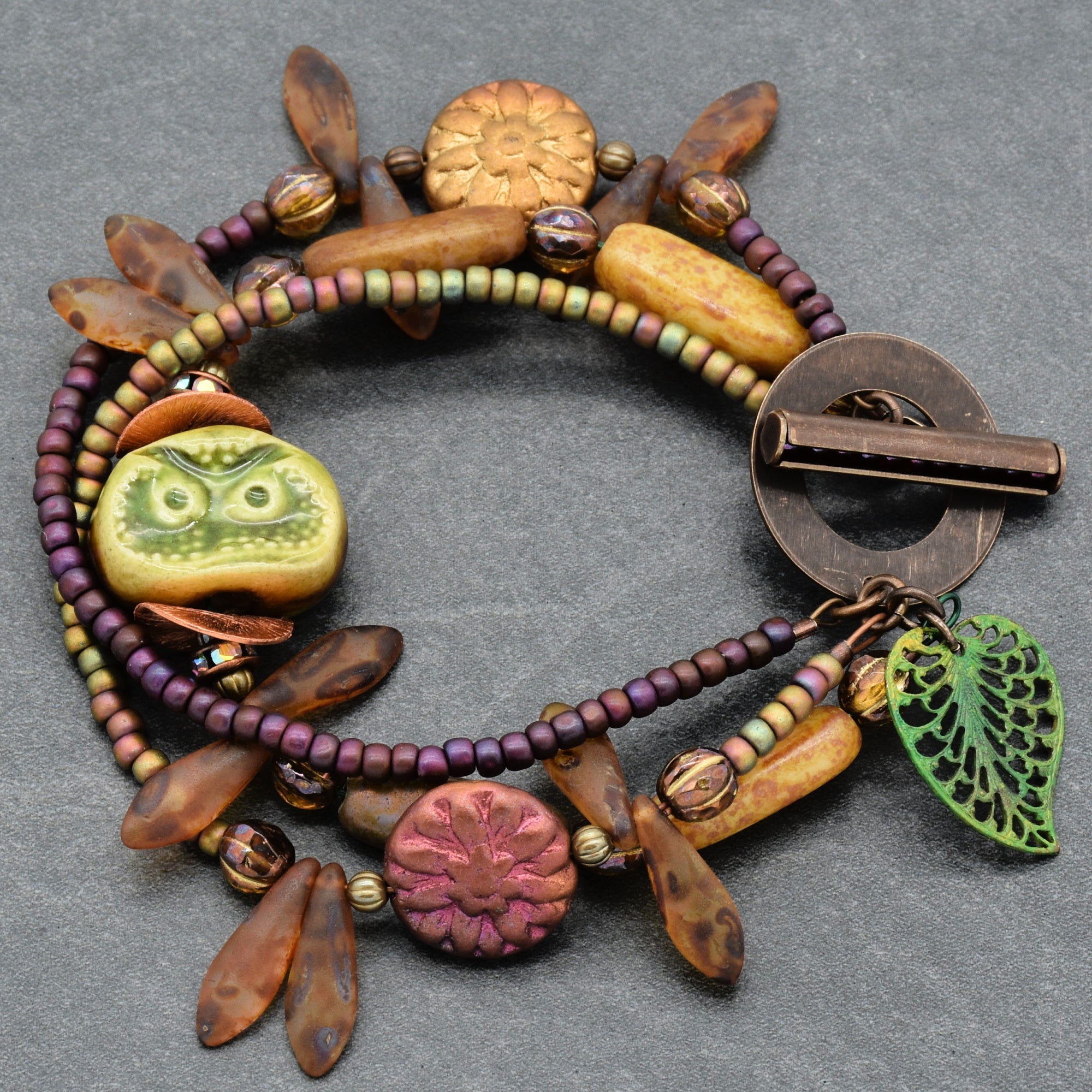 Nature Theme Handmade Beaded Bracelet - Artisan Ceramic Owl and Czech Glass