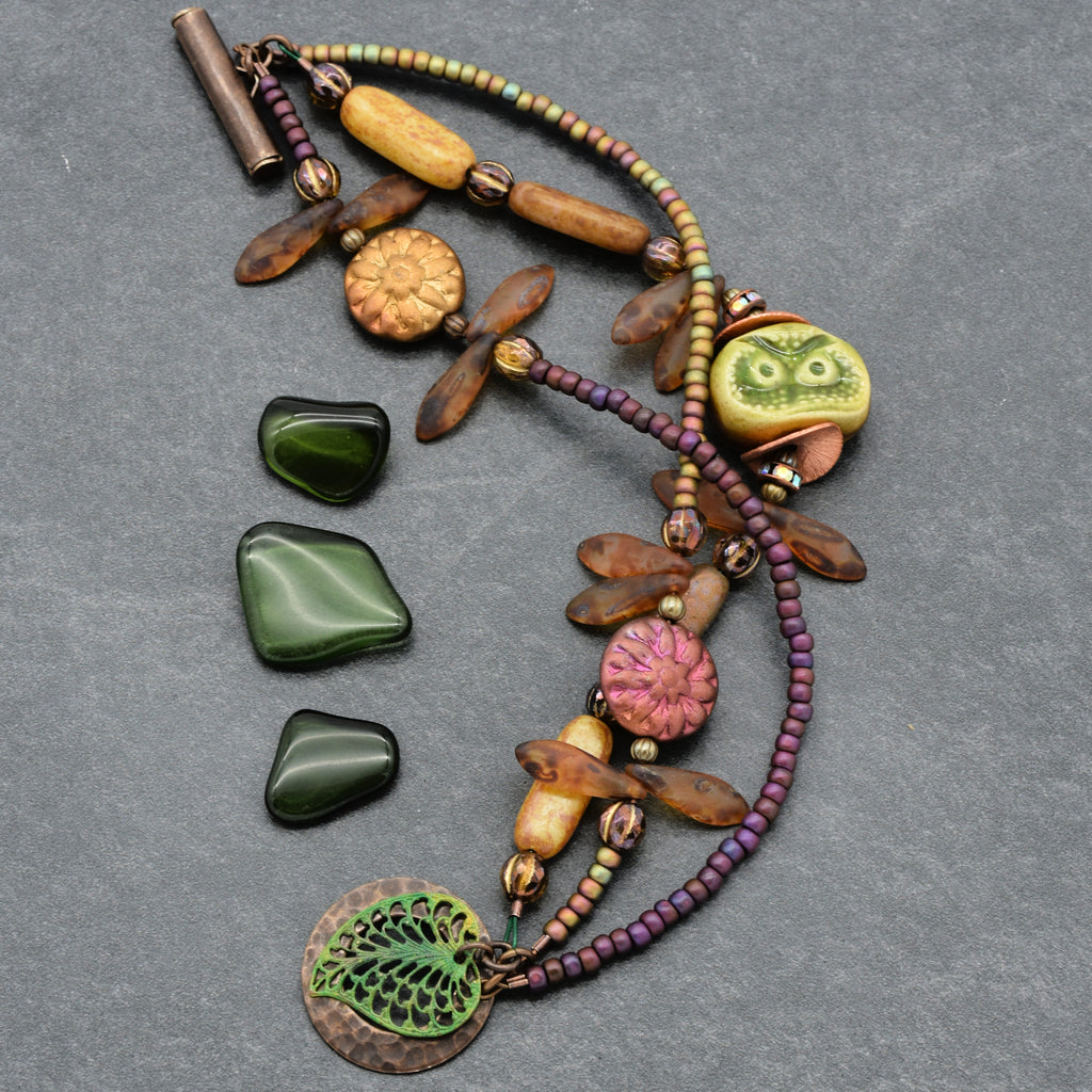 Nature Theme Handmade Beaded Bracelet - Artisan Ceramic Owl and Czech Glass