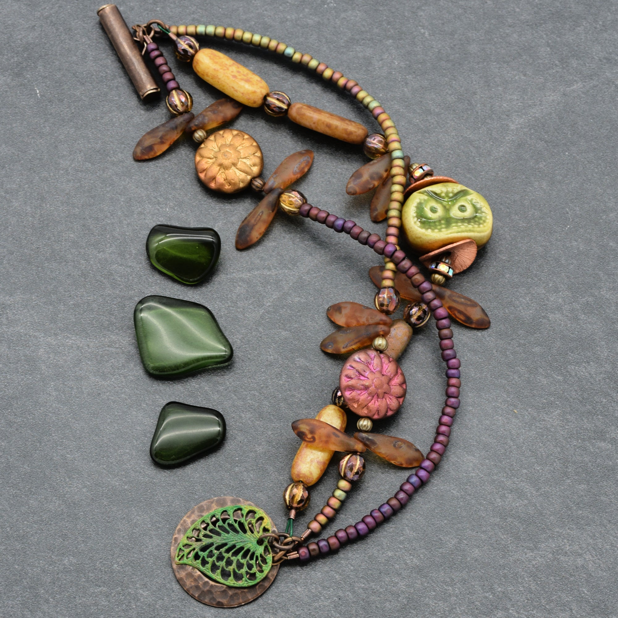 Nature Theme Handmade Beaded Bracelet - Artisan Ceramic Owl and Czech Glass