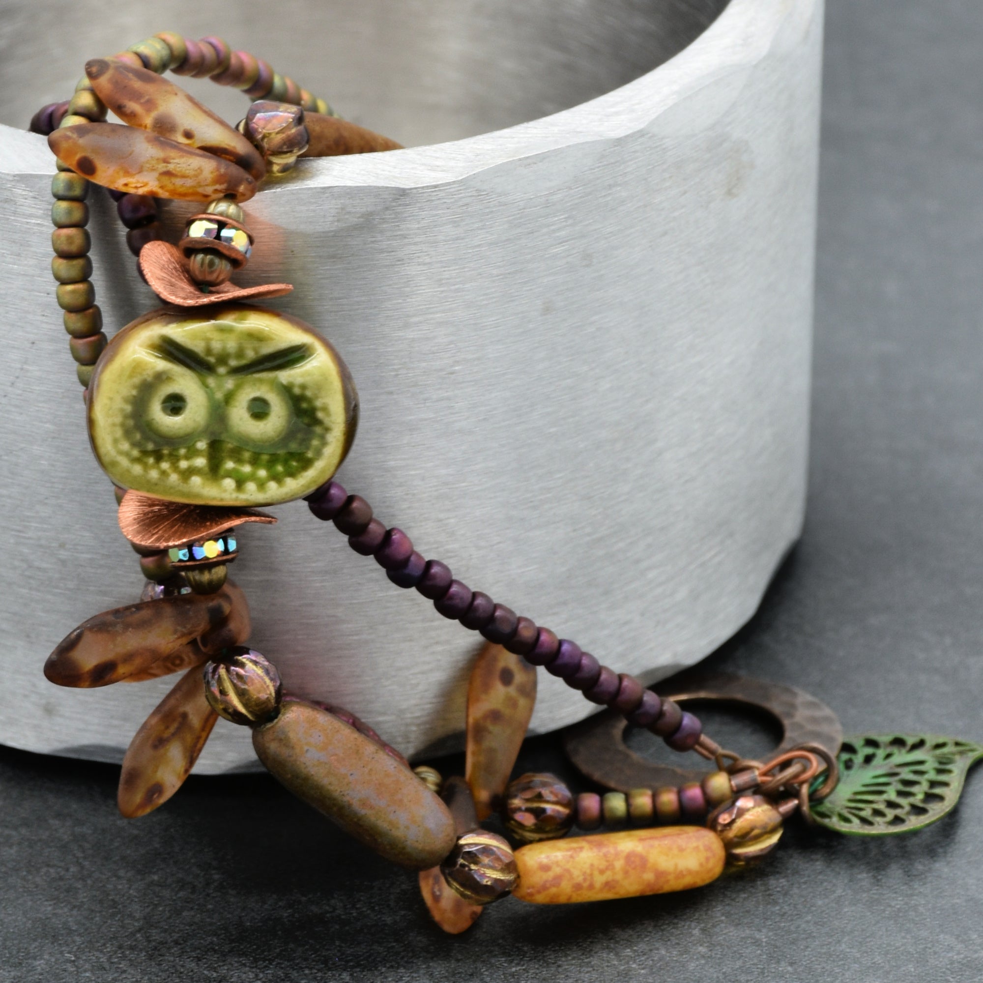 Nature Theme Handmade Beaded Bracelet - Artisan Ceramic Owl and Czech Glass