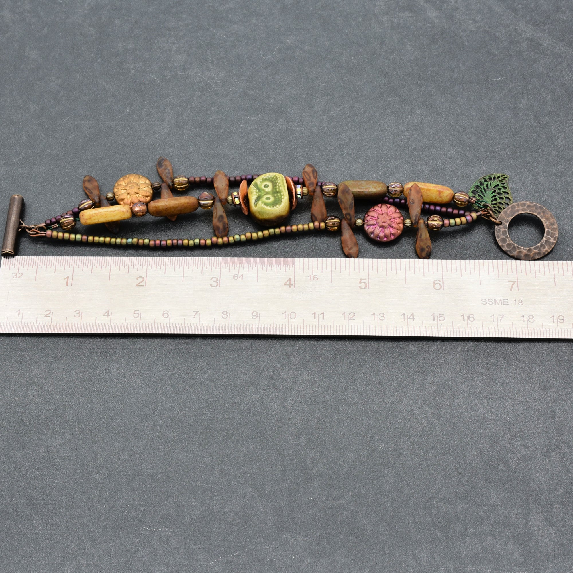 Nature Theme Handmade Beaded Bracelet - Artisan Ceramic Owl and Czech Glass