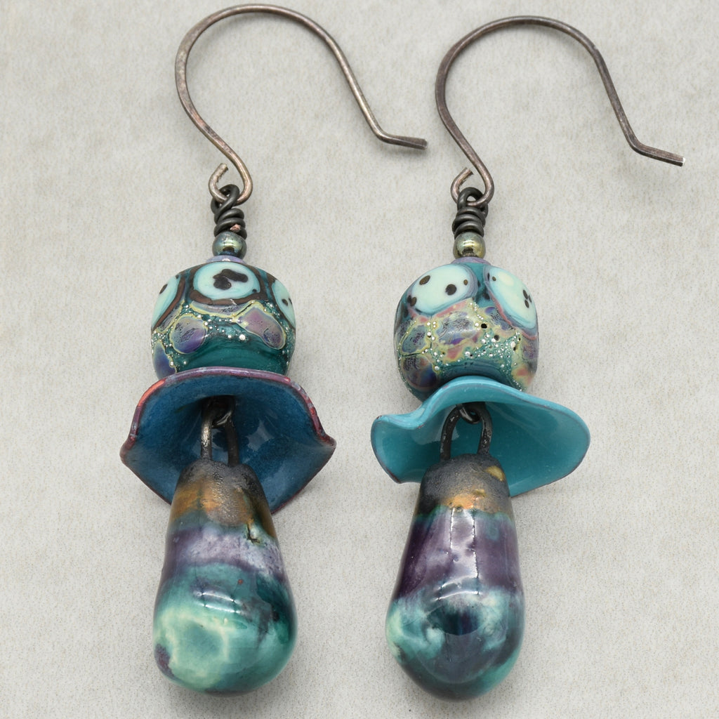 Aqua Violet Dangle Earrings - Handmade Artisan Lampwork Glass Artisan Ceramic