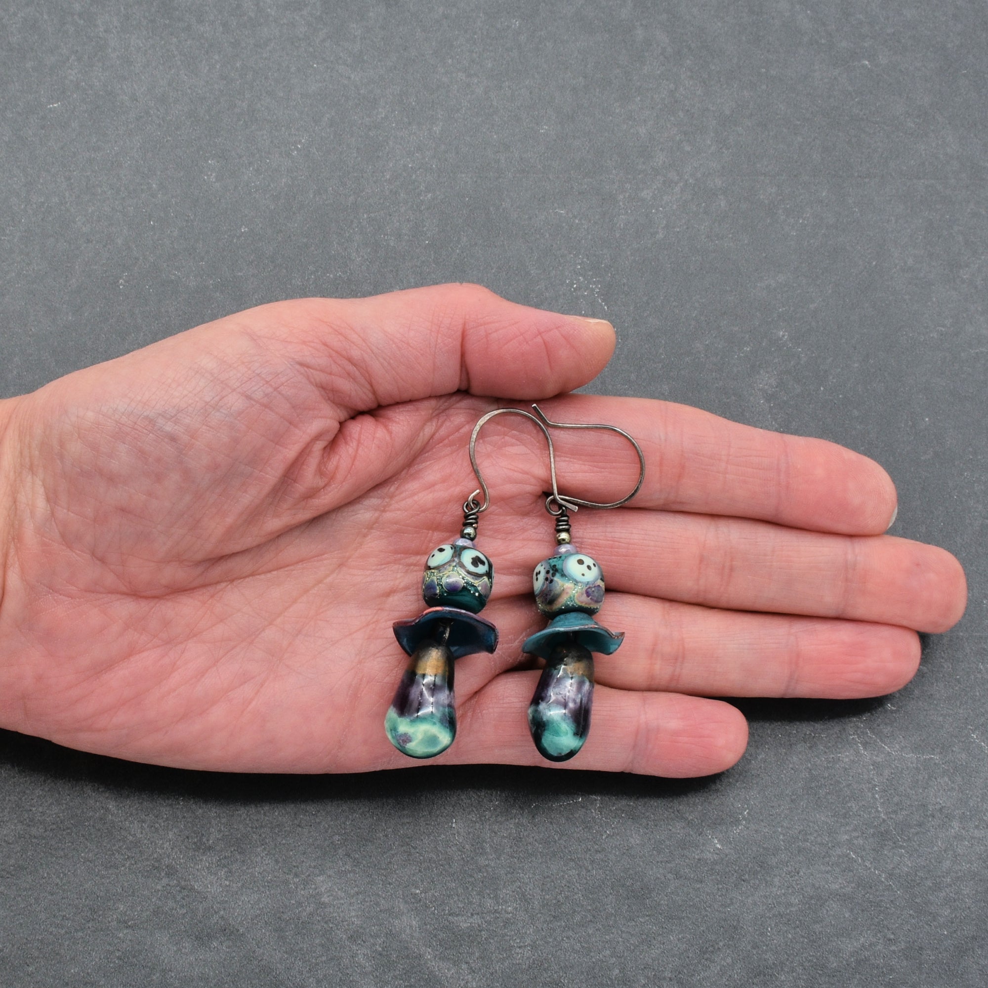Aqua Violet Dangle Earrings - Handmade Artisan Lampwork Glass Artisan Ceramic