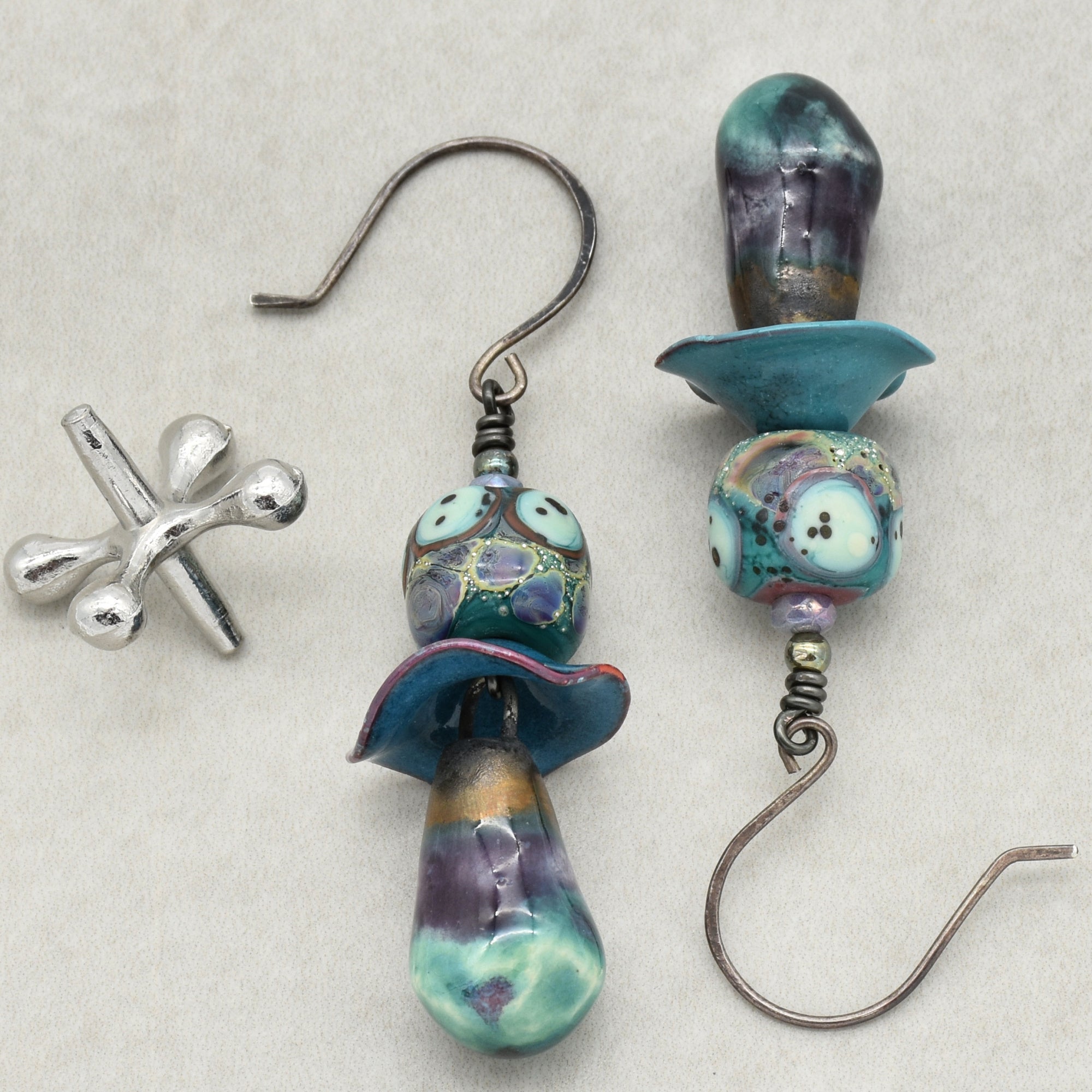 Aqua Violet Dangle Earrings - Handmade Artisan Lampwork Glass Artisan Ceramic
