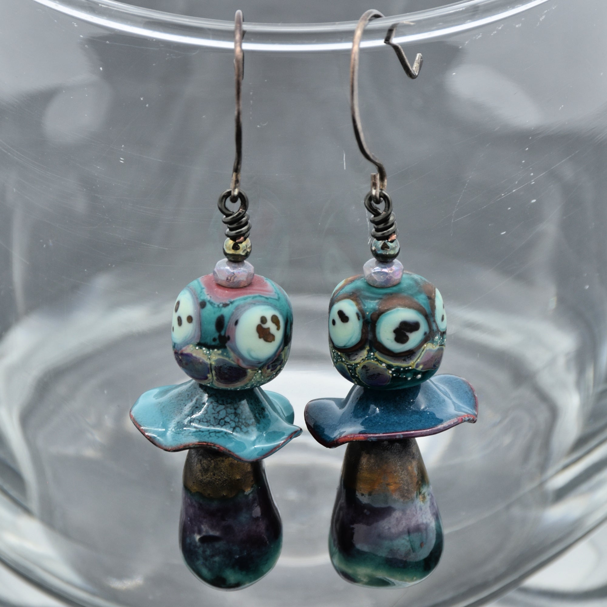 Aqua Violet Dangle Earrings - Handmade Artisan Lampwork Glass Artisan Ceramic