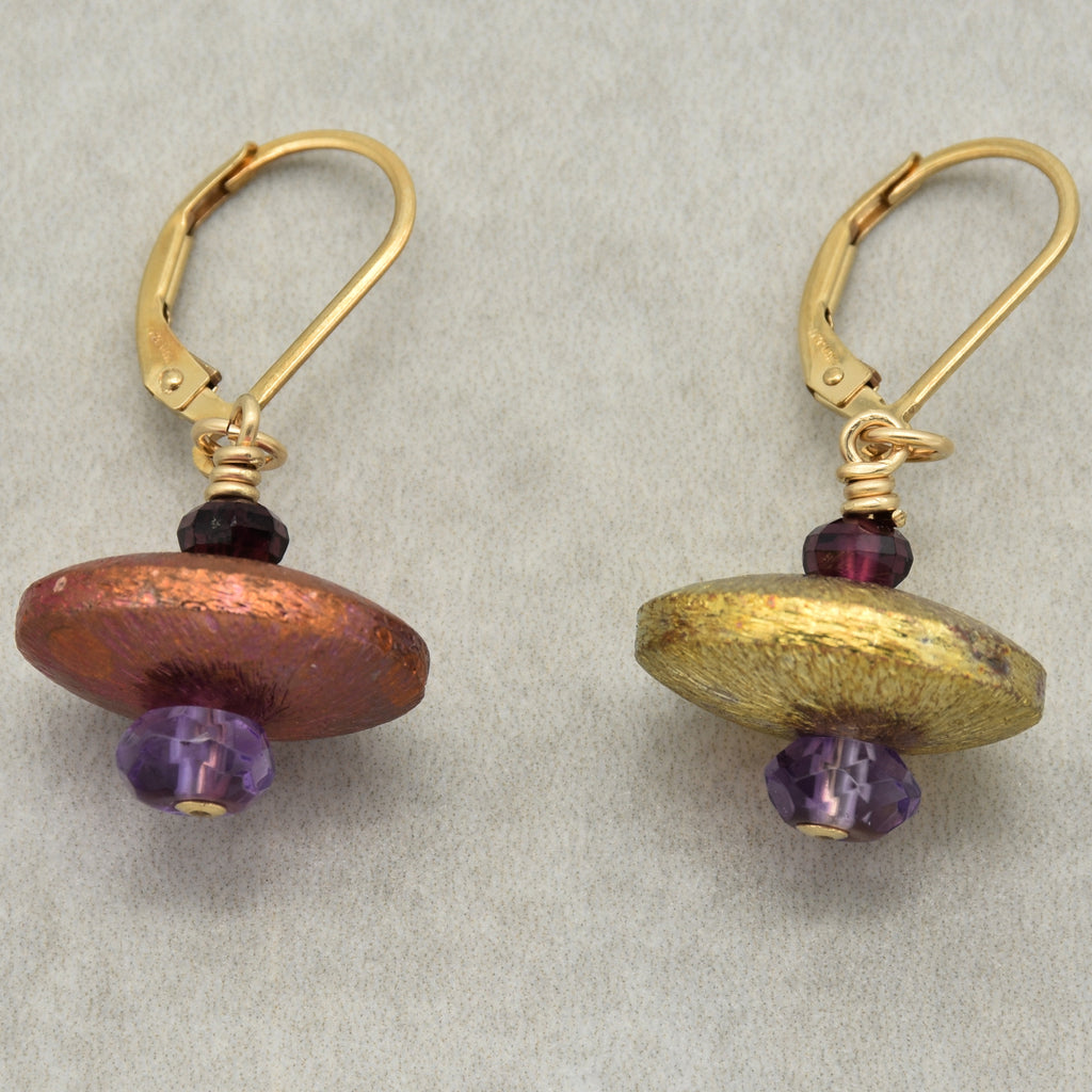 Exquisite Arabian Nights Handmade Statement Earrings, Amethyst, AAA Purple Garnet, Flame Torched Copper, Gold Filled Leverback Ear Wires