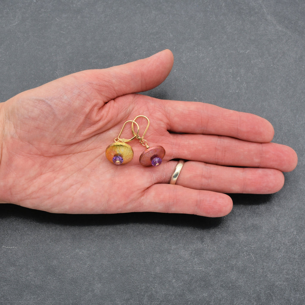 Exquisite Arabian Nights Handmade Statement Earrings, Amethyst, AAA Purple Garnet, Flame Torched Copper, Gold Filled Leverback Ear Wires