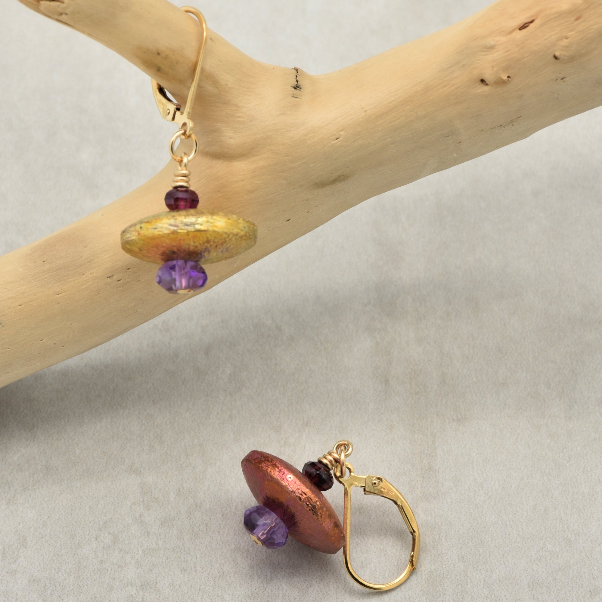 Exquisite Arabian Nights Handmade Statement Earrings, Amethyst, AAA Purple Garnet, Flame Torched Copper, Gold Filled Leverback Ear Wires