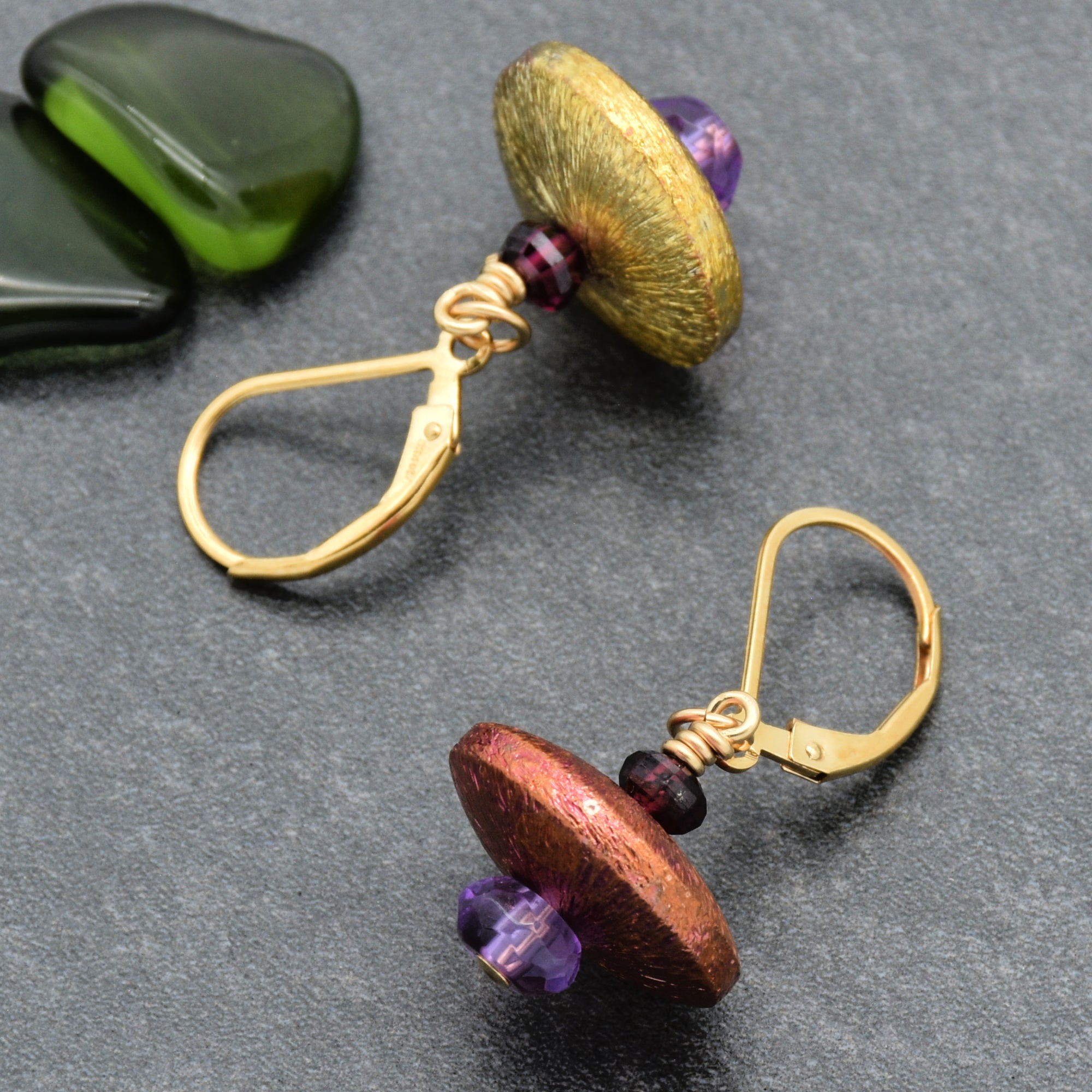 Exquisite Arabian Nights Handmade Statement Earrings, Amethyst, AAA Purple Garnet, Flame Torched Copper, Gold Filled Leverback Ear Wires