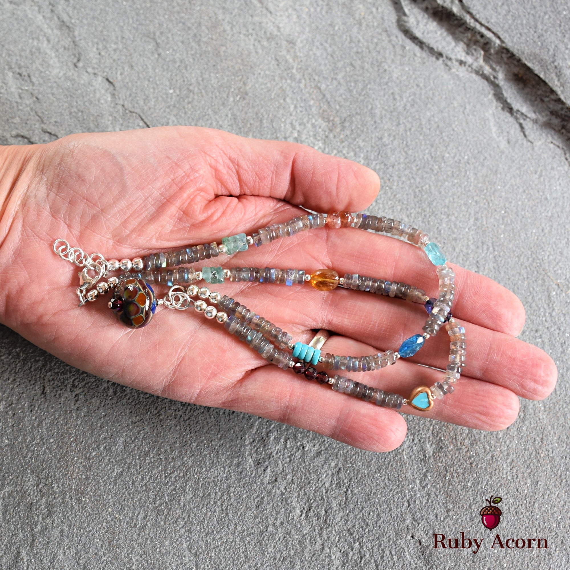 Athena Handmade Beaded Necklace. Artisan Lampwork Glass, Labradorite, Turquoise, Garnet, Sterling Silver