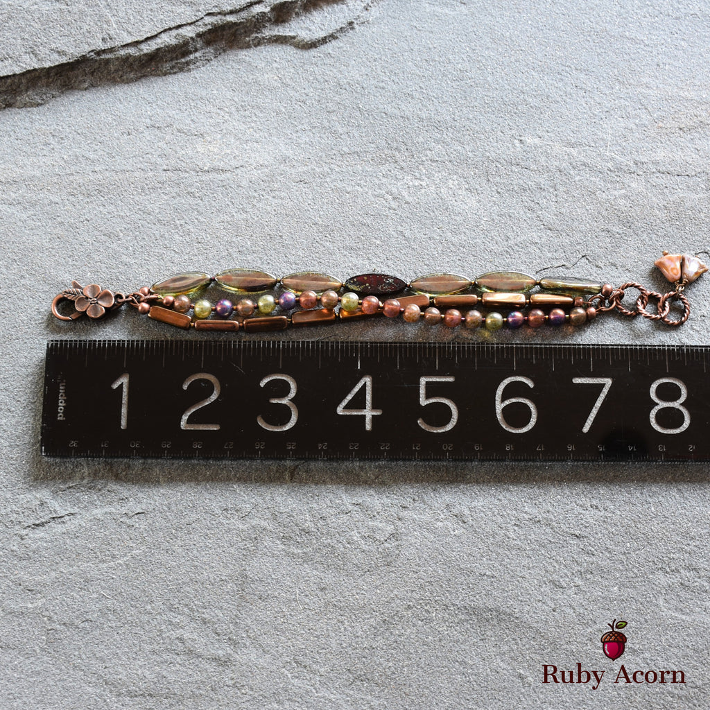 Autumn Kiss Triple Strand Handmade Bracelet, With Bronze, Purple, Russet, Olive Green Czech Glass Beads