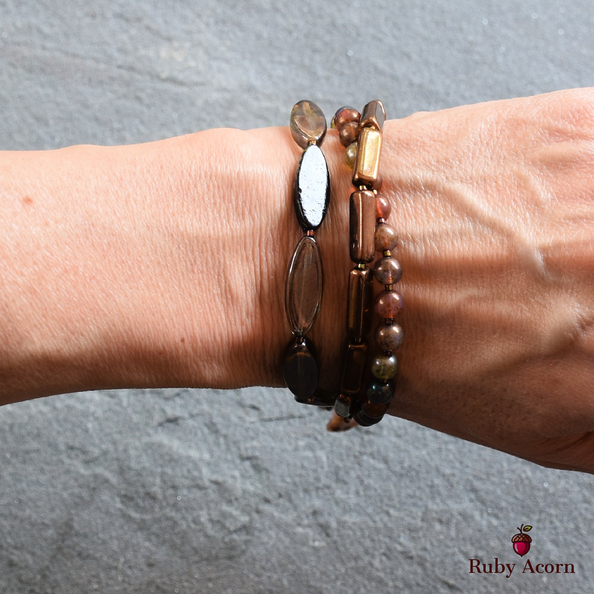 Autumn Kiss Triple Strand Handmade Bracelet, With Bronze, Purple, Russet, Olive Green Czech Glass Beads