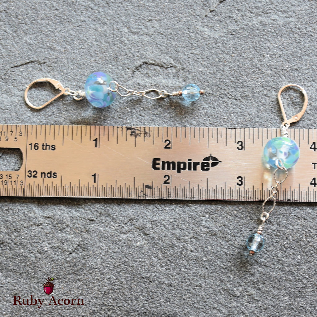 Baby Blue Handmade Dangle Earrings, Artisan Lampwork Glass, Sterling Silver, Blue Topaz