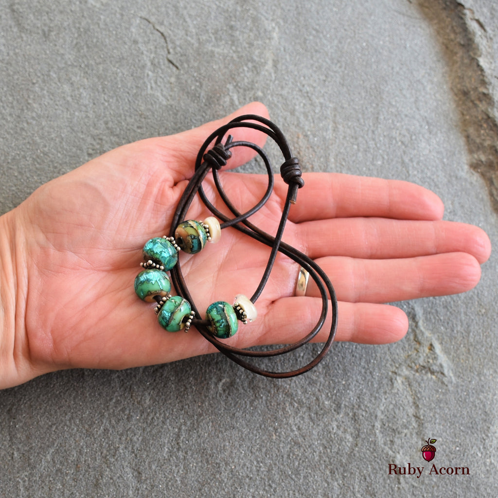 Beach Glass Handmade Adjustable Statement Necklace with Aqua Artisan Lampwork Glass, Sterling Silver and Chocolate Leather Cord