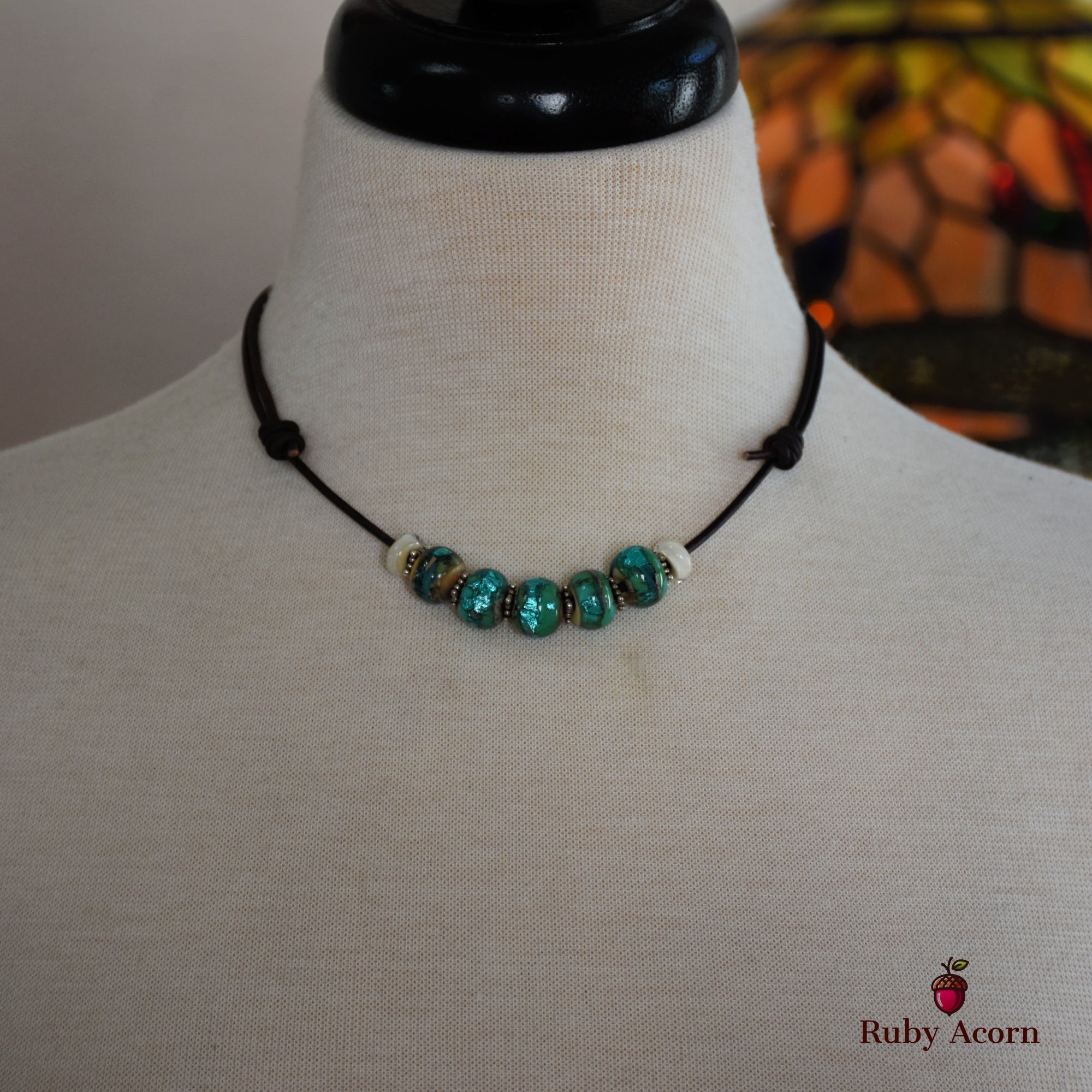 Beach Glass Handmade Adjustable Statement Necklace with Aqua Artisan Lampwork Glass, Sterling Silver and Chocolate Leather Cord