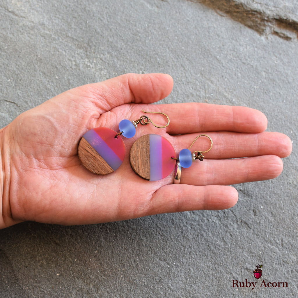 Beach Skies Dangle Handmade Earrings, Artisan Lampwork Glass, Wood Resin Charms.