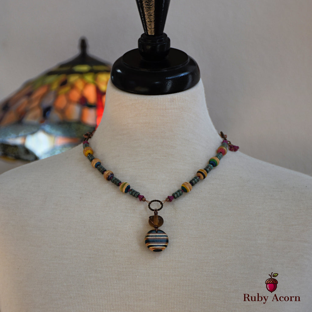 Bicycle Chain and Skateboard Handmade Beaded Necklace with Recycled Skateboard Beads and Artisan Lampwork Glass