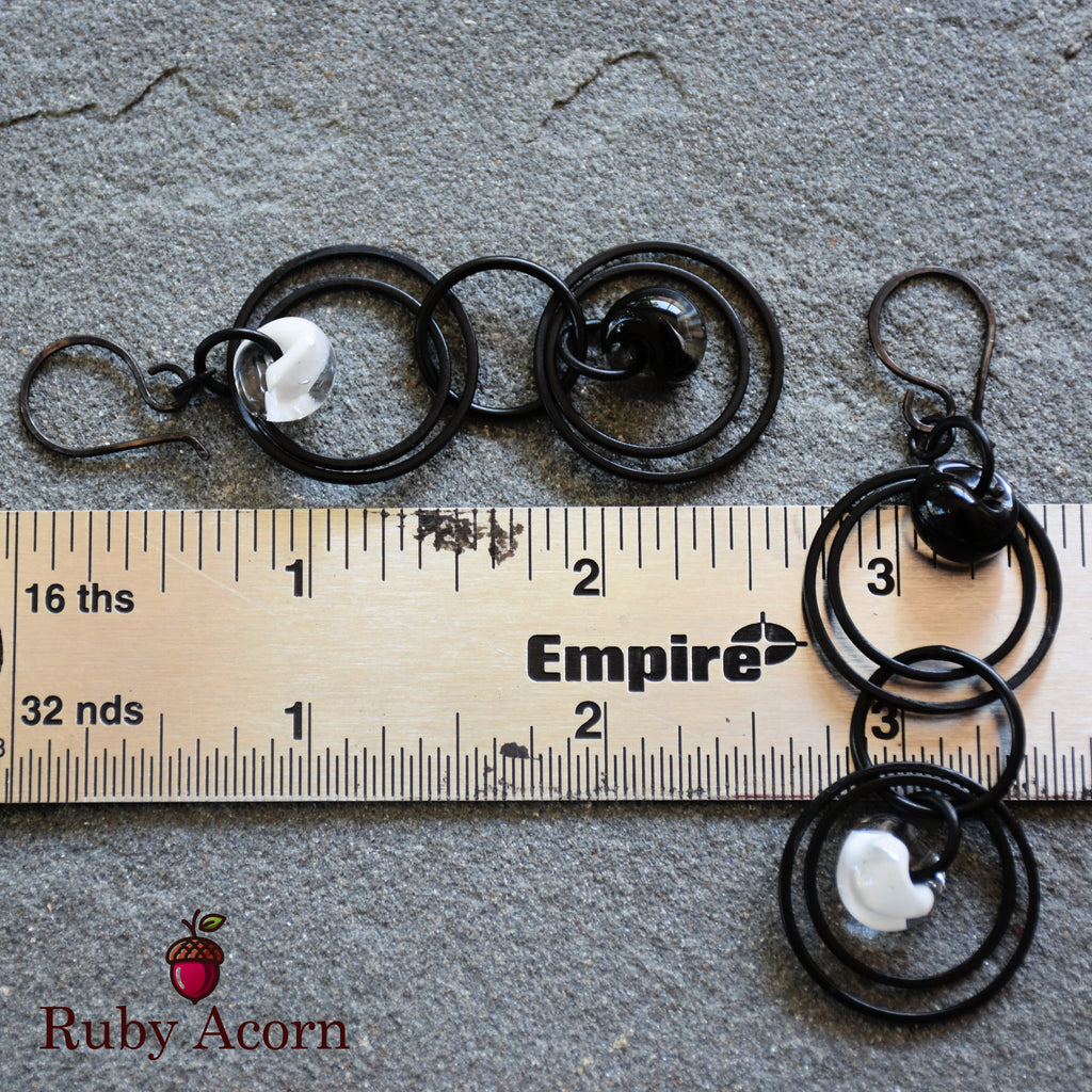 Elegant Black and White Handmade Dangle Earrings, Lampwork Teardrops, Blackened Copper, Asymmetrical