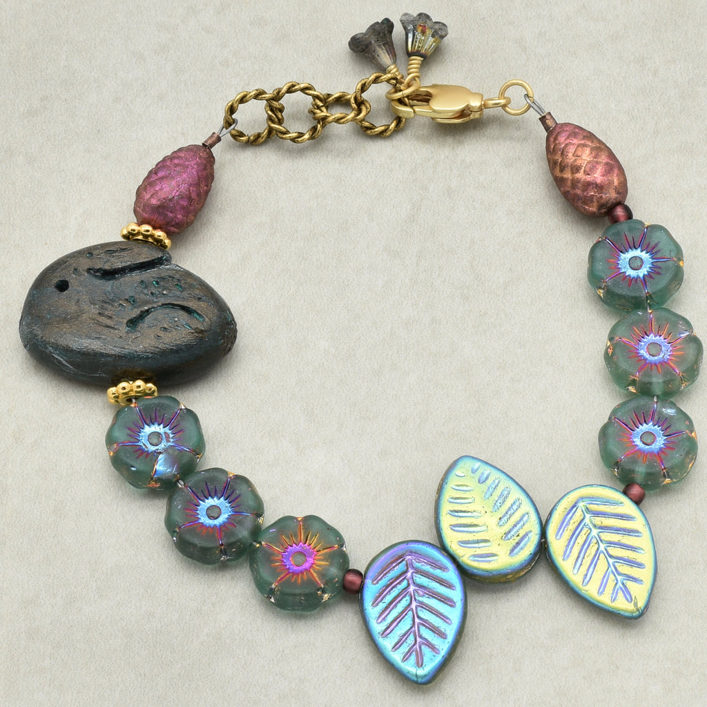 Handmade Beaded Bracelet - Blue Bunny, Artisan Rabbit Polymer Clay and Czech Glass