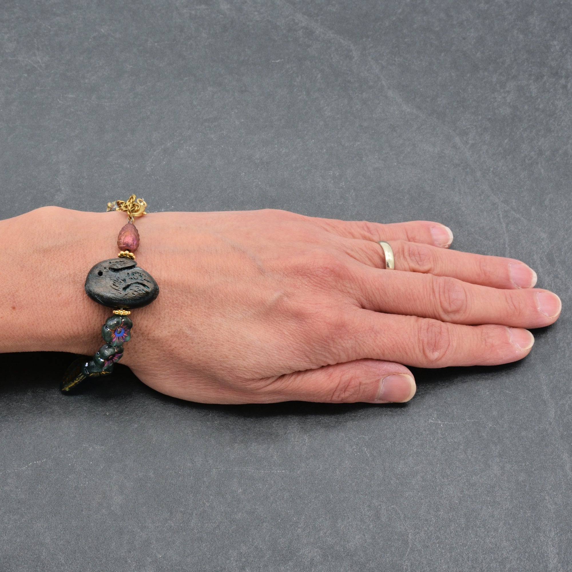 Handmade Beaded Bracelet - Blue Bunny, Artisan Rabbit Polymer Clay and Czech Glass