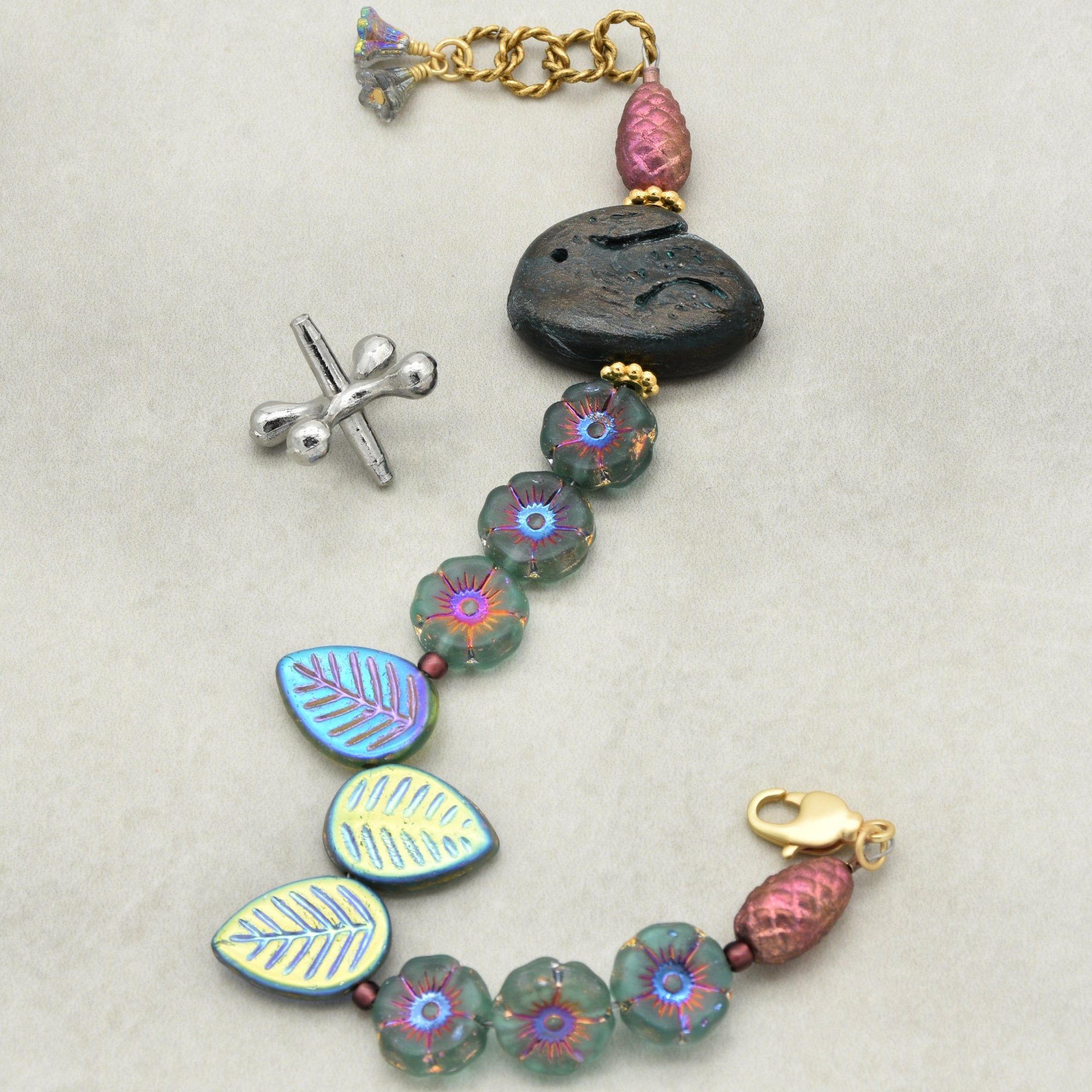 Handmade Beaded Bracelet - Blue Bunny, Artisan Rabbit Polymer Clay and Czech Glass