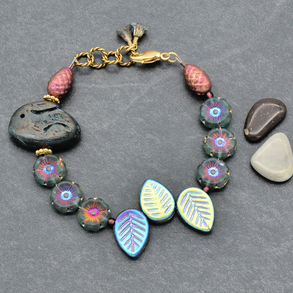 Handmade Beaded Bracelet - Blue Bunny, Artisan Rabbit Polymer Clay and Czech Glass
